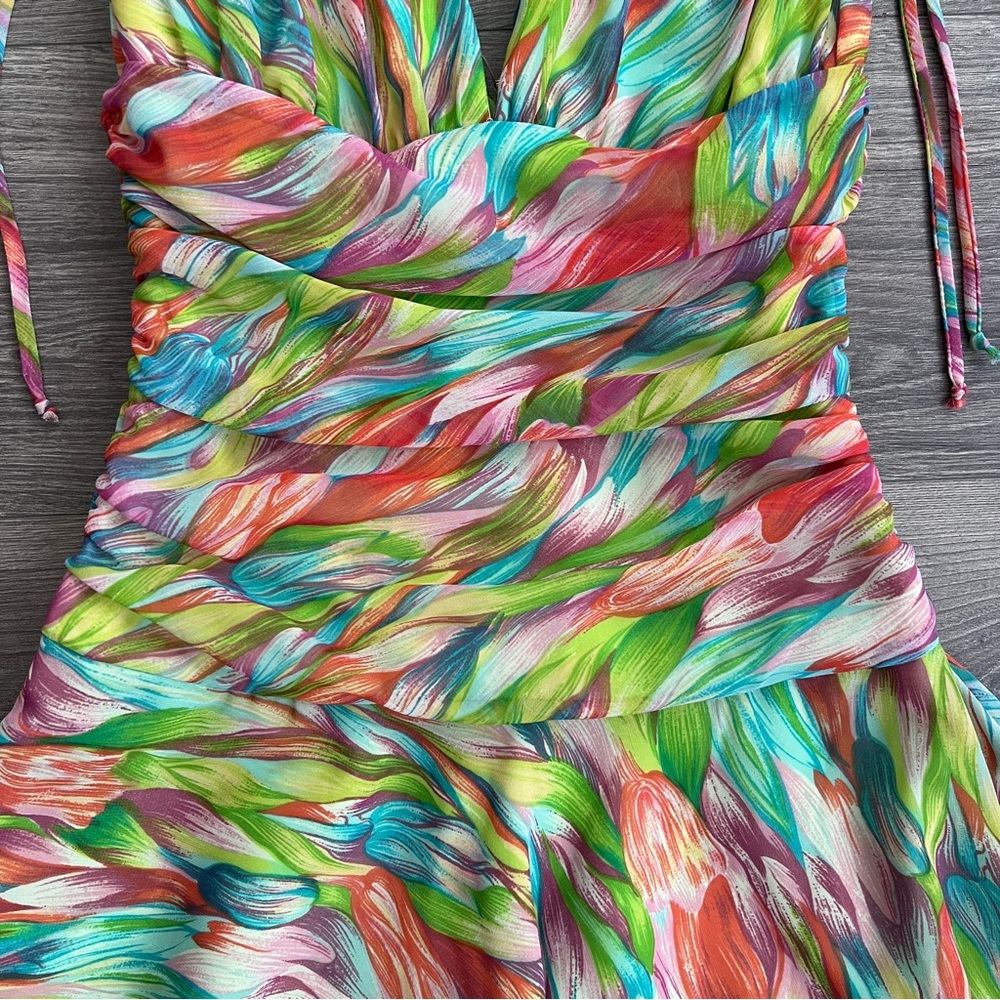 VTG ABS Allen Shwartz Fit & Flare Dress Size 2 Colorful Floral Ruched Fairy 80s - Picture 5 of 11